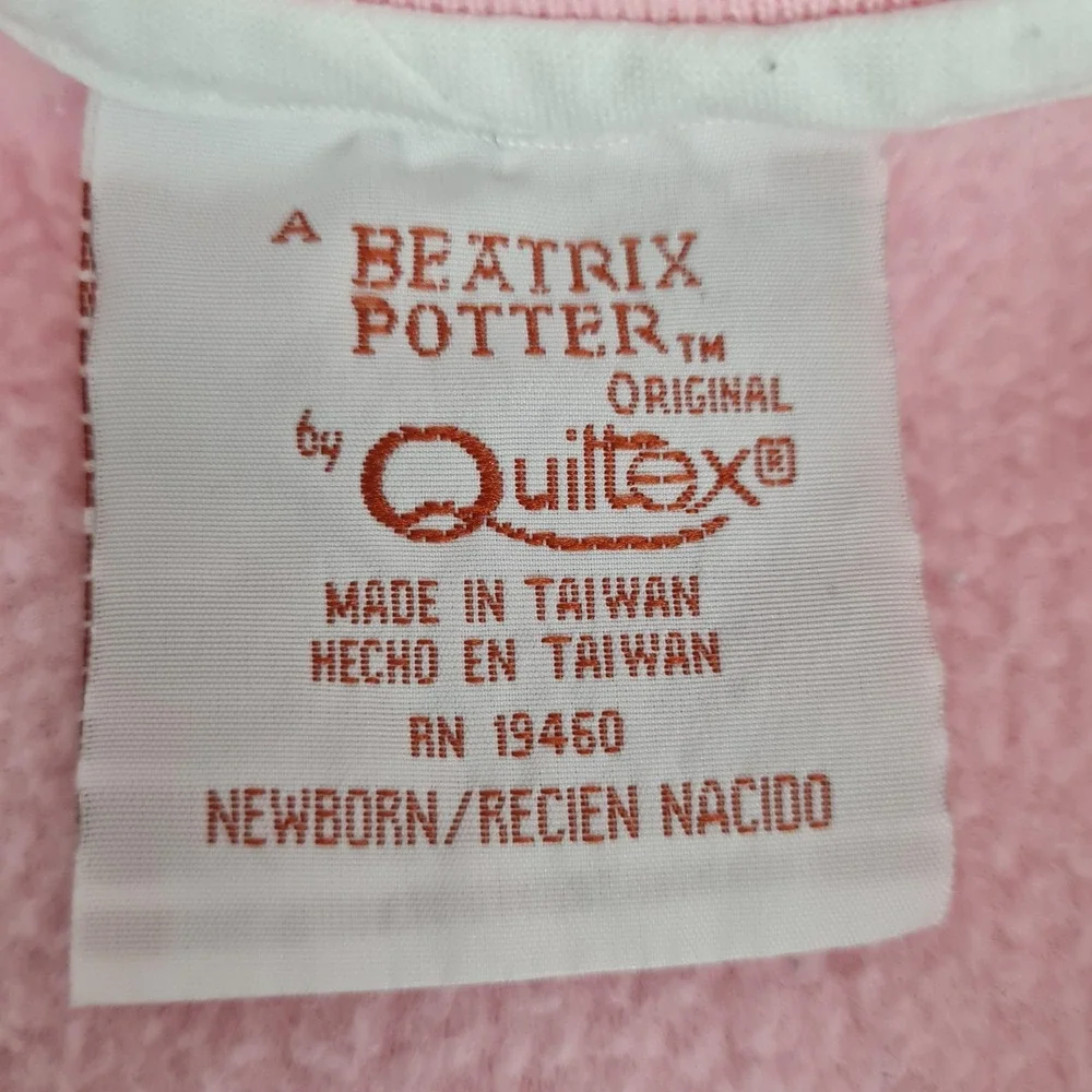Vintage Beatrix Potter One Piece Baby Newborn Pink Fleece Peter Rabbit Sleeper